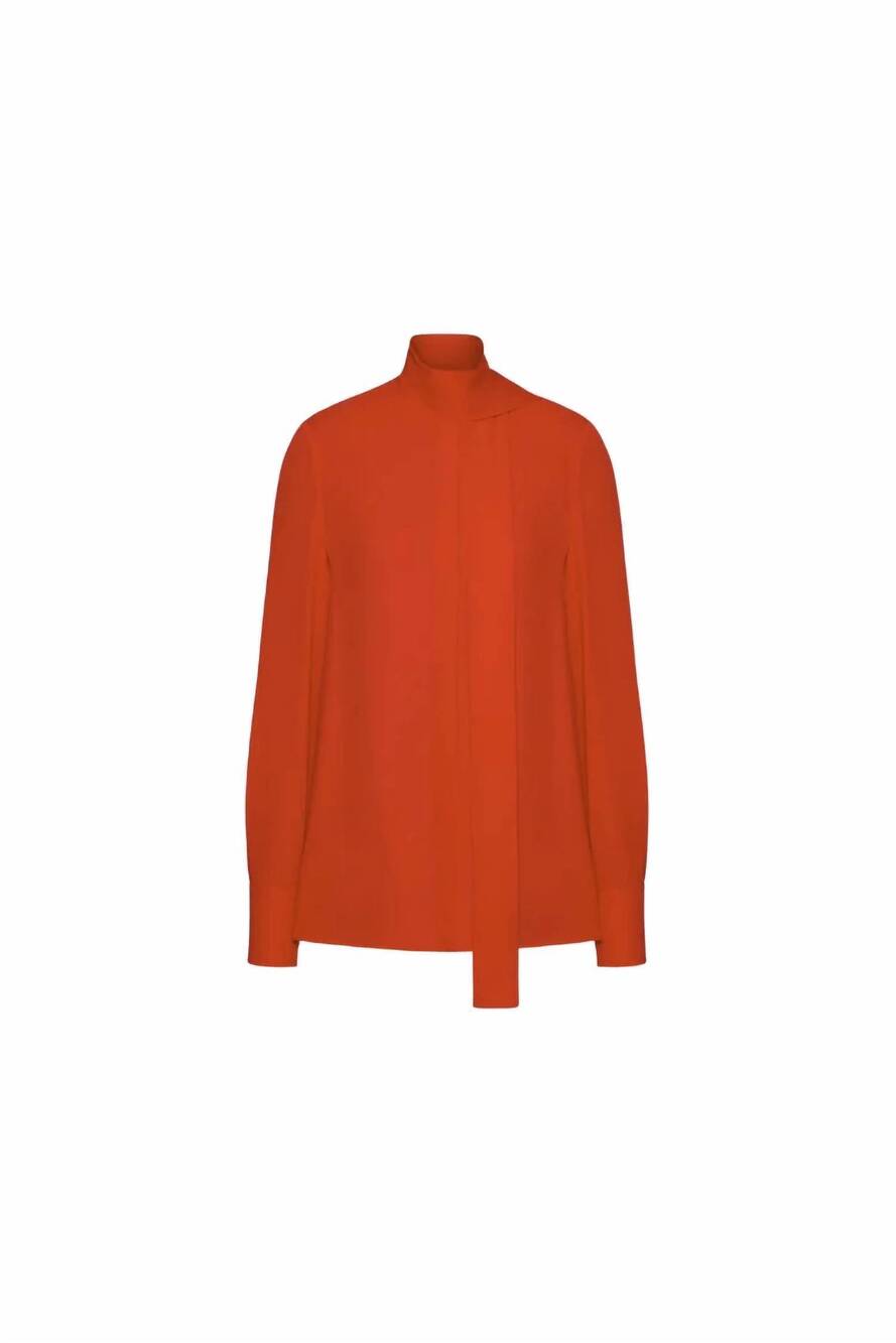NEW VALENTINO GARAVANI women's tie-neck silk georgette blouse in off orange